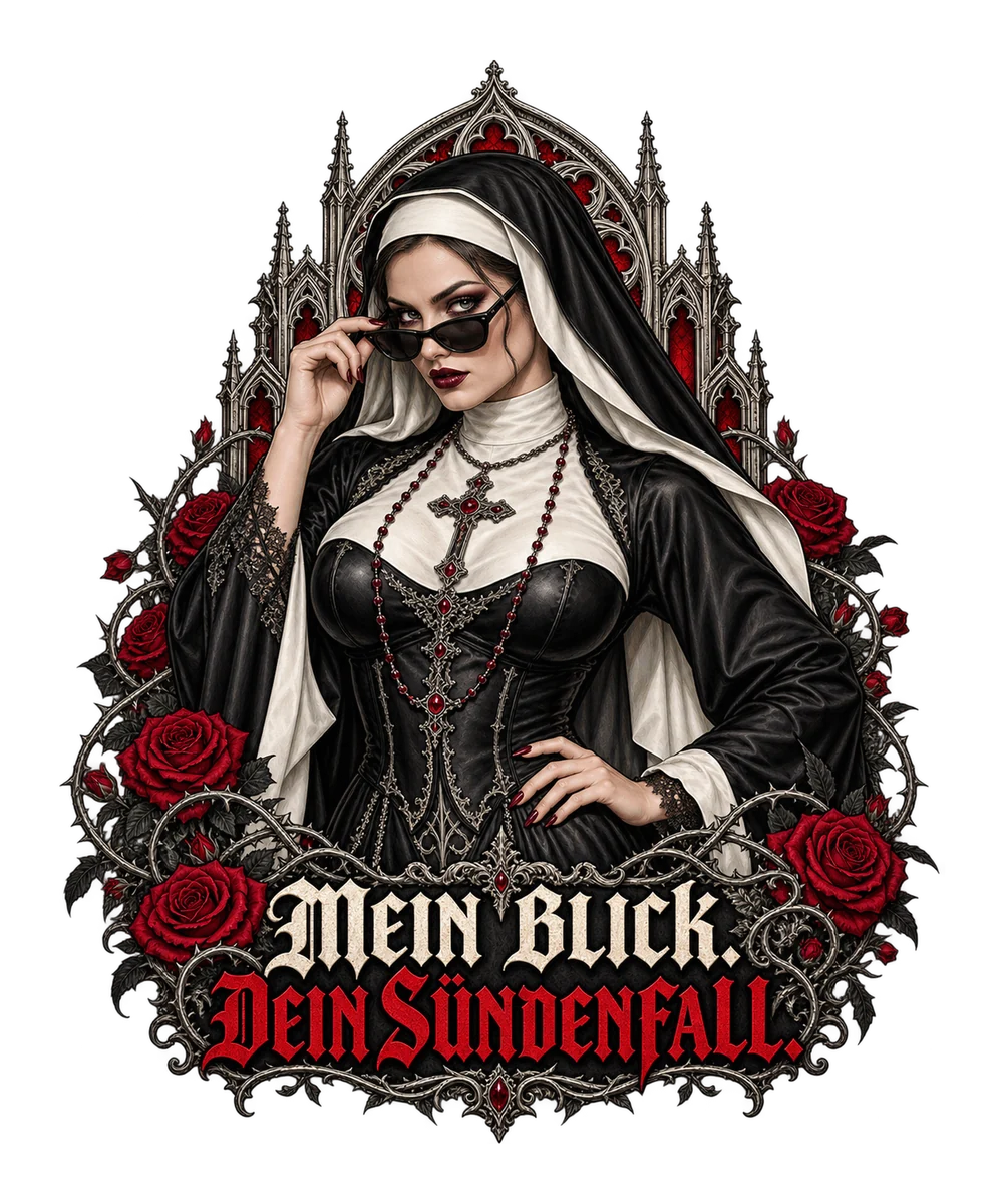 Gothic-Nonne mit roten Rosen: Mein Blick. Dein Sündenfall.