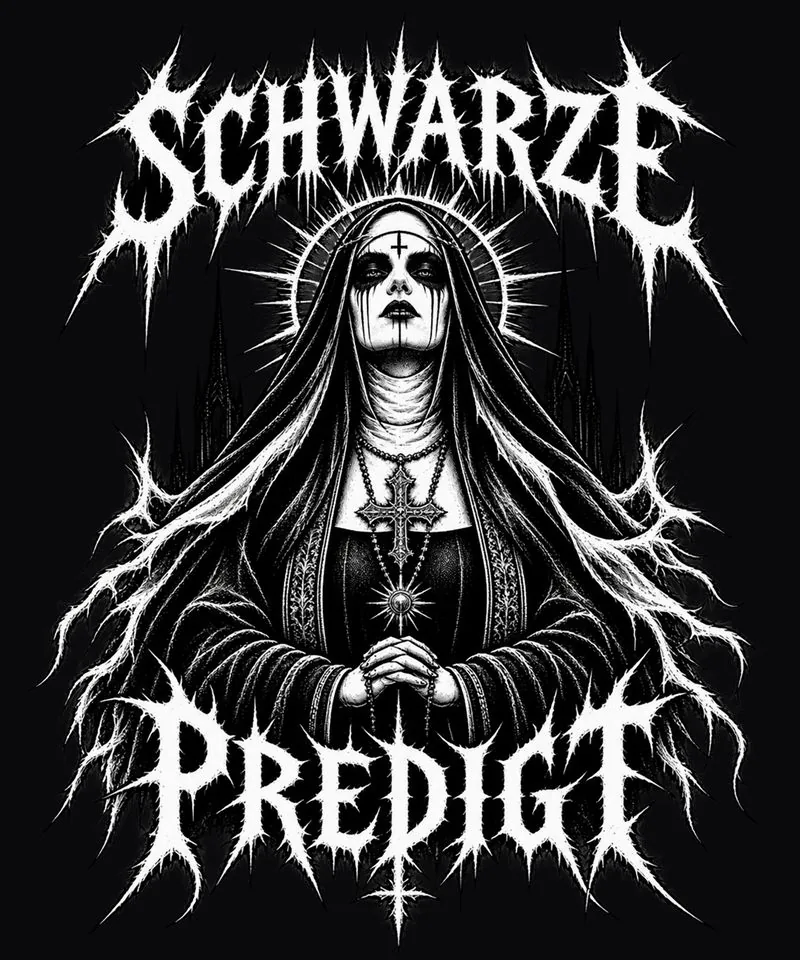 Black-Metal-Nonnenmotiv mit dem Text Schwarze Predigt