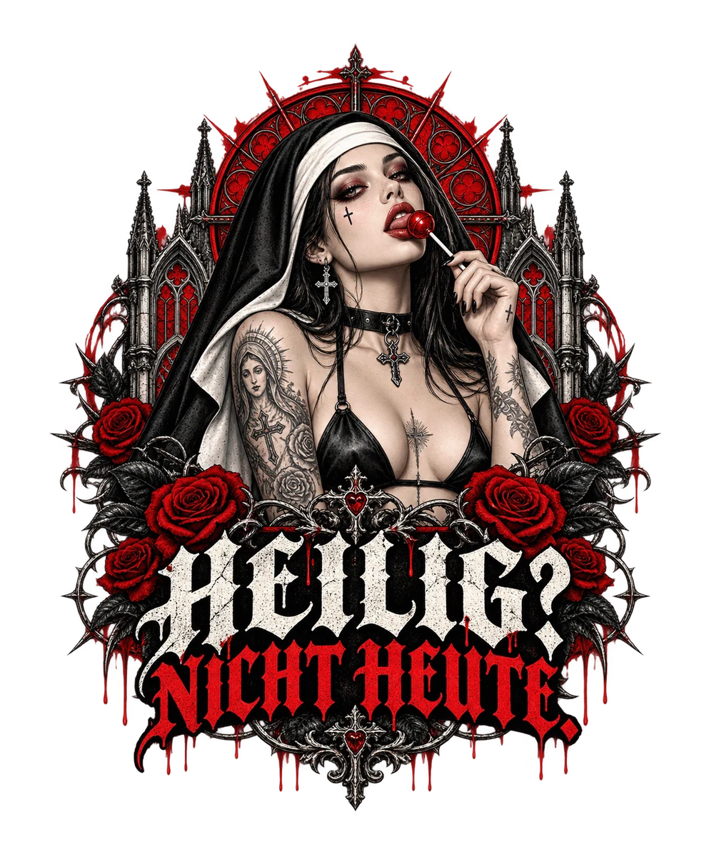 Gothic-Design in Schwarz, Weiß und Rot: HEILIG? NICHT HEUTE.