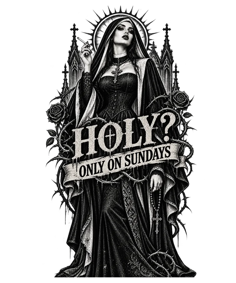 Schwarz-weißes Print-on-Demand-Design: Holy? Only on Sundays
