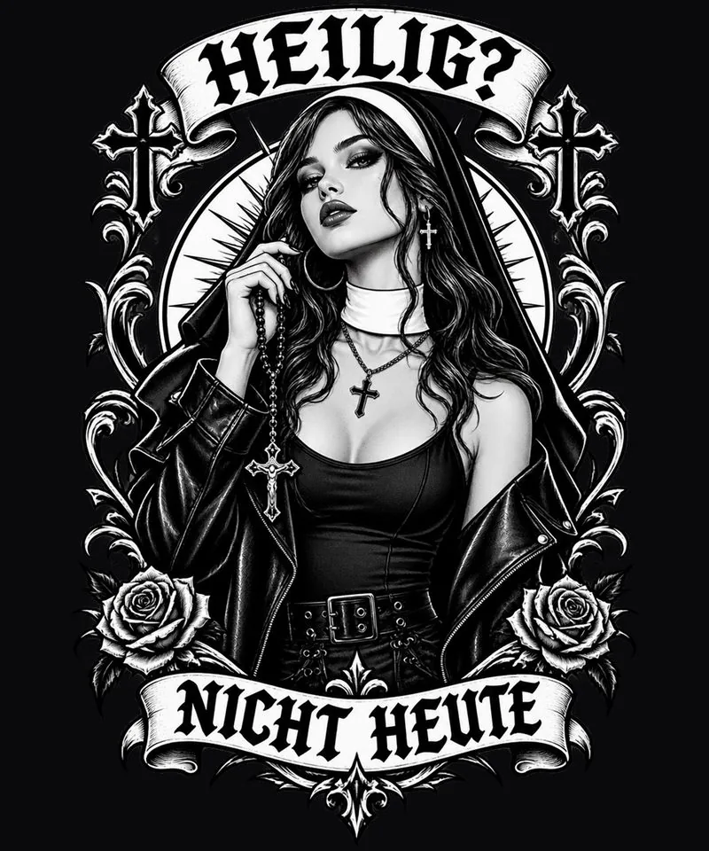 Schwarz-weißes Gothic-Motiv mit dem Text Heilig? Nicht heute
